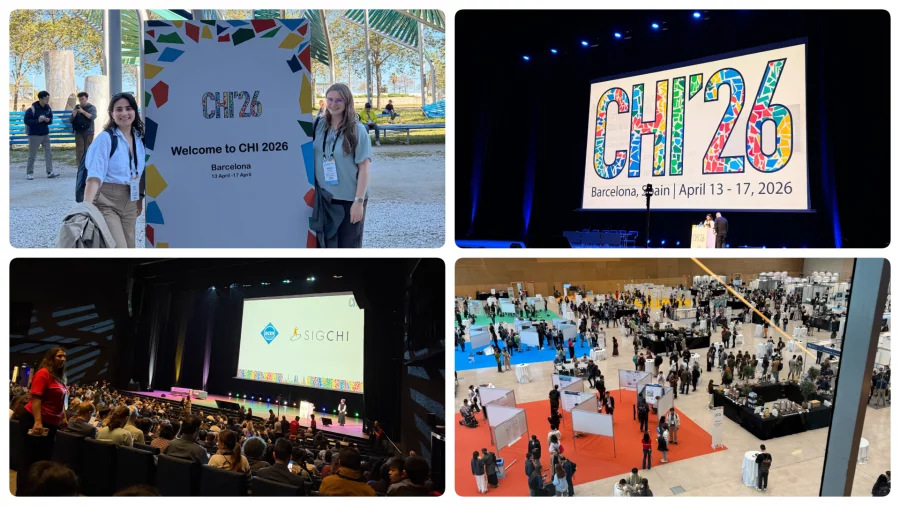 A four-photo collage from ACM CHI 2026 in Barcelona. Top left: two attendees pose in front of a "Welcome to CHI 2026" sign outdoors. Top right: the CHI '26 logo on a large conference screen, reading "Barcelona, Spain | April 13–17, 2026." Bottom left: a packed conference auditorium with the SIGCHI logo on stage. Bottom right: an aerial view of a busy conference exhibition hall.